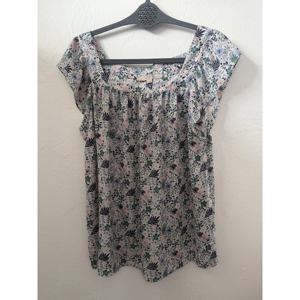 LOFT Floral Blouse Medium Pink Blue Green Flutter Sleeve Square Neck Top